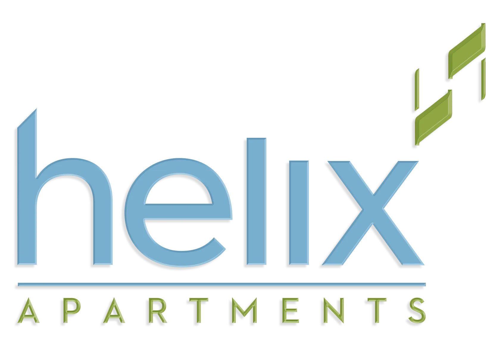 Helix Apartments logo with blue text and green accents on a black background