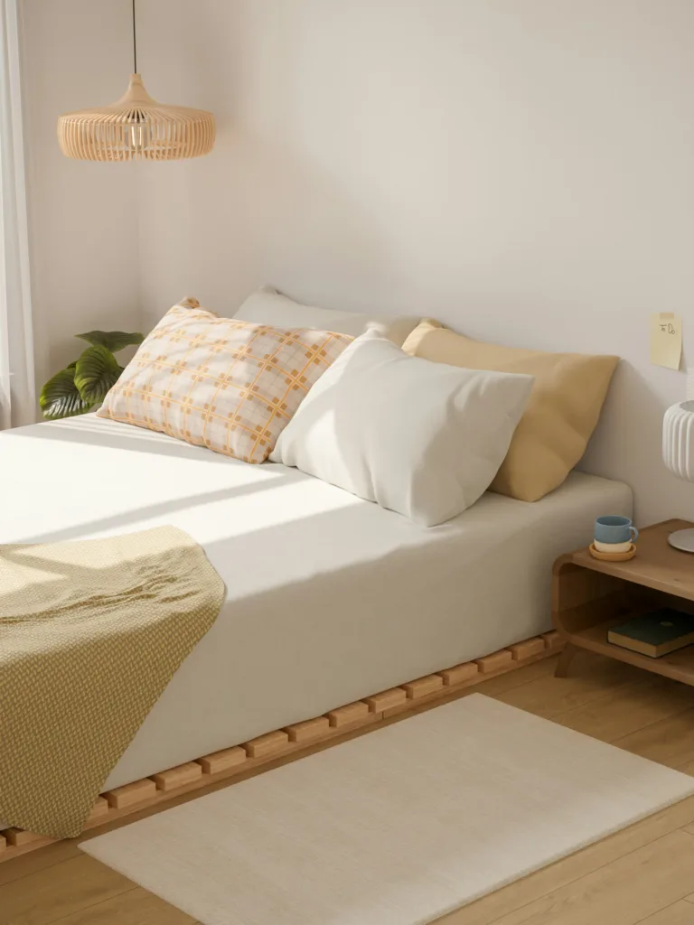 A cozy minimalist bedroom with a low bed, patterned pillows, wicker pendant light, and a small bedside table